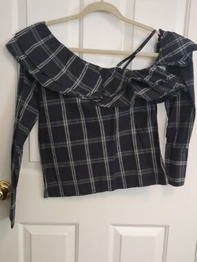 Walter Baker Black Plaid Off-Shoulder Ruffle Top